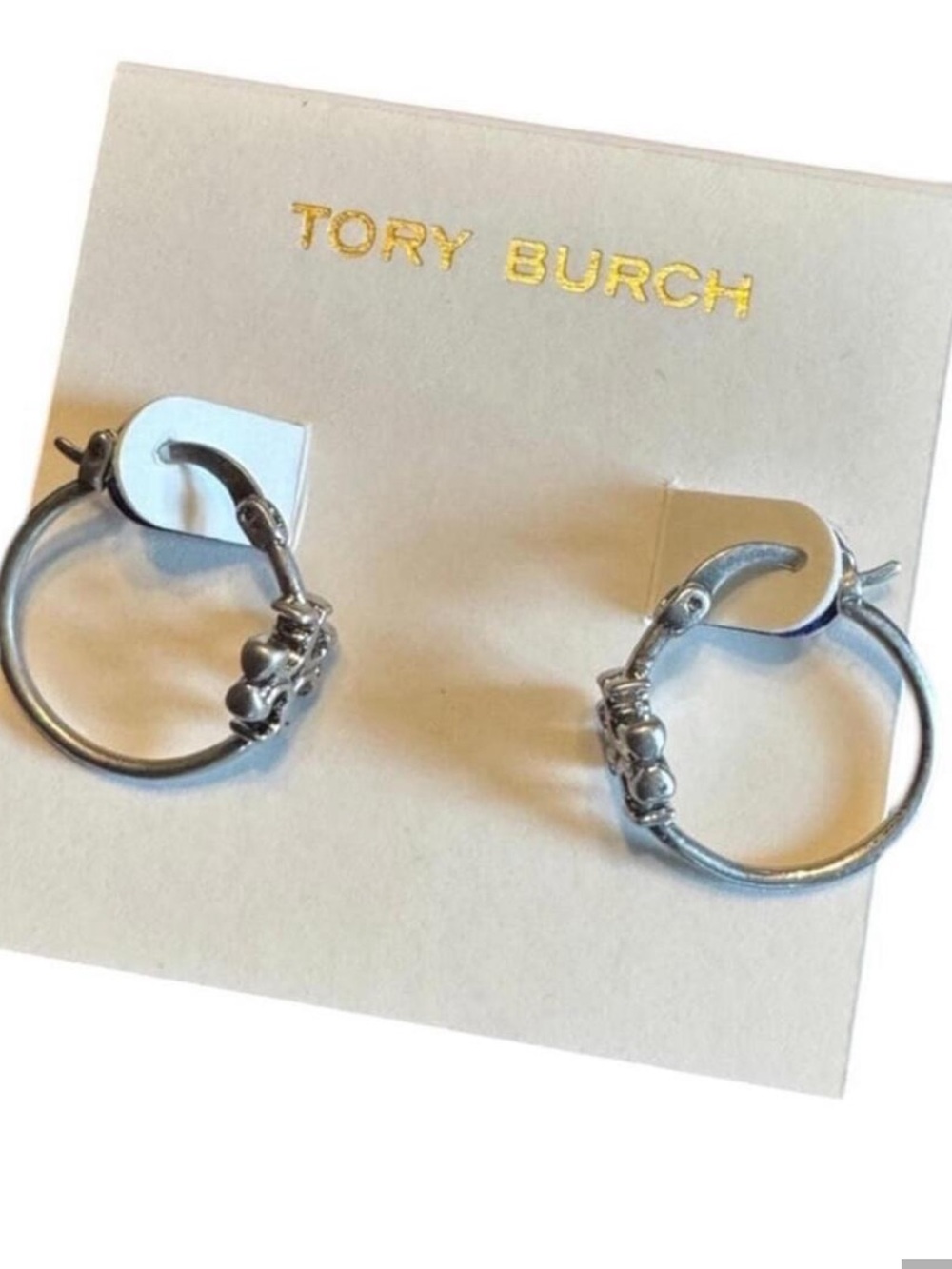 Tory Burch Silver Double T Logo Hoop Earrings NWT w Card